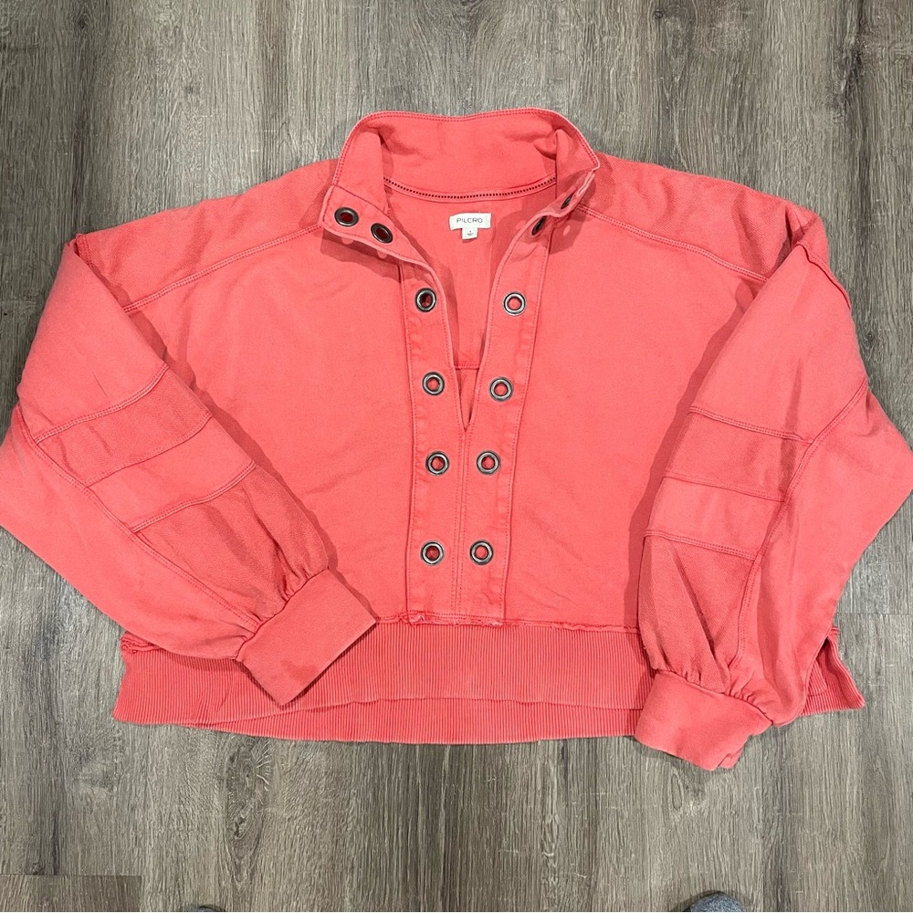 Pilcro Kamrie Pieced Popover Top Red Coral Size Large Oversized Sweatshirt - Picture 5 of 13